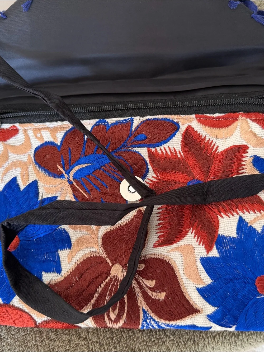 Embroidered Floral Tassel Pillow Cover in Blue and Red